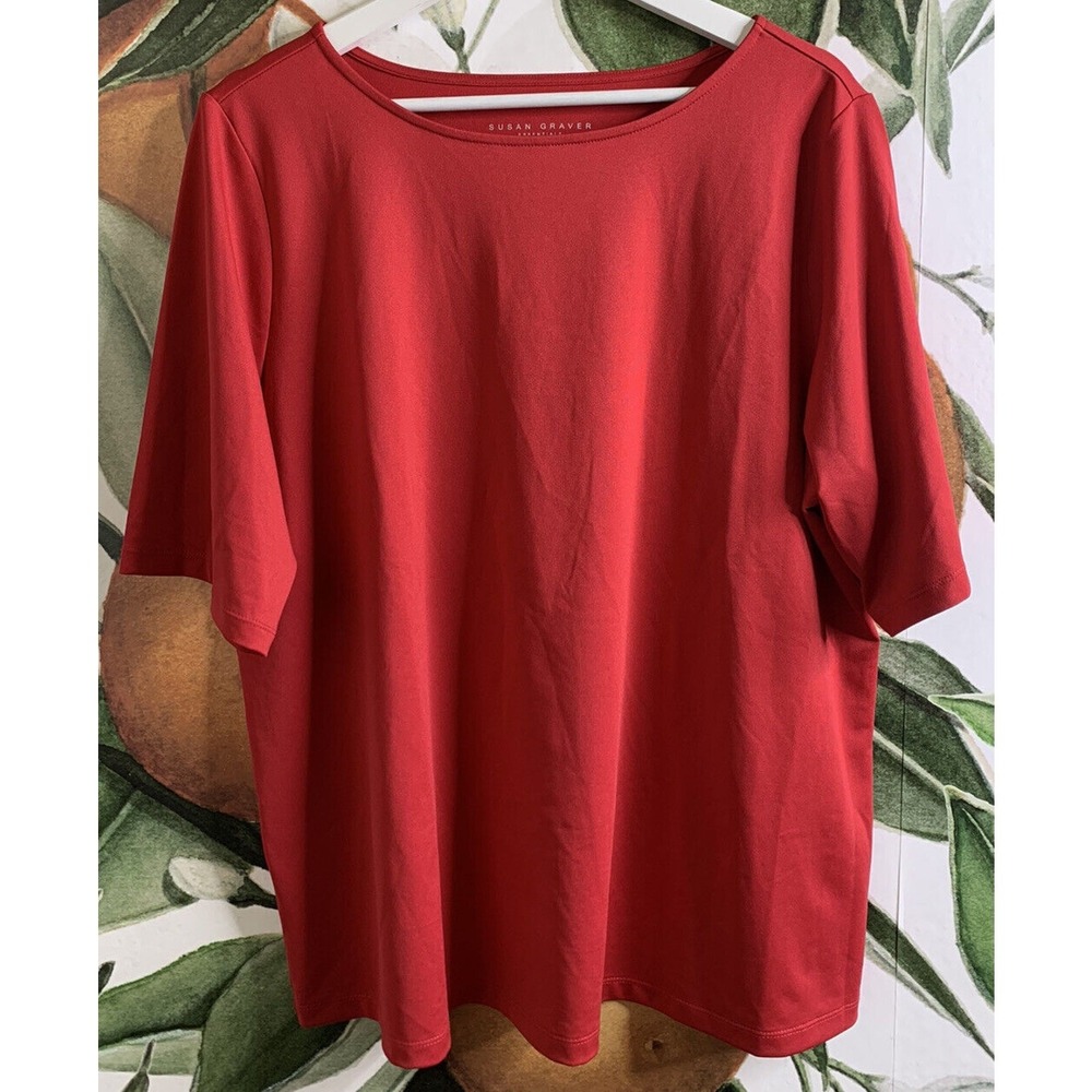 Susan Graver Essentials 1X Red Boat Neck Short Sleeve Blouse